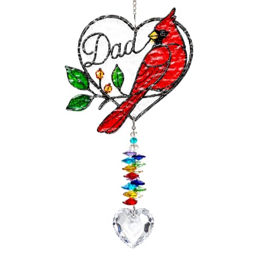 Image of Dad Memorial Ornament, Acrylic Heart Cardinal Suncatcher with Crystal Pendant, Stained Glass Style Christmas Tree Hanging Decor, Sympathy Gift for Loss of Father, Bereavement Remembrance Gift