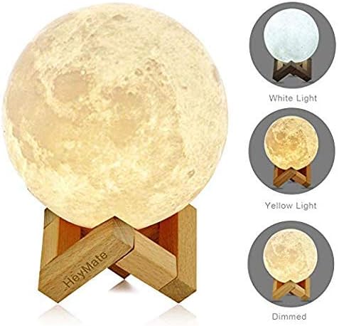 HeyMate 3D Printing Lunar Lamp Touch Control Night Light as Kids Women Girls Gift,Large ! 5.9" Rechargeable Moon Lamp with Wooden Holder, Warm Cool White Dimmable Touch Control