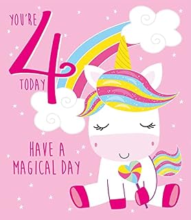 Cherry Orchard Girl Age 4 Today Birthday Card - Unicorn Rainbow
