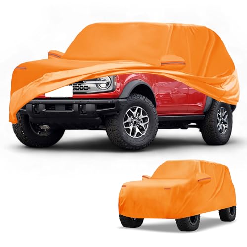 Image of Car Cover Waterproof All Weather Automotive Outdoor Anti-UV Full Exterior Cover for Ford Bronco 4DR 210D-PU Orange with Left Side Zippers