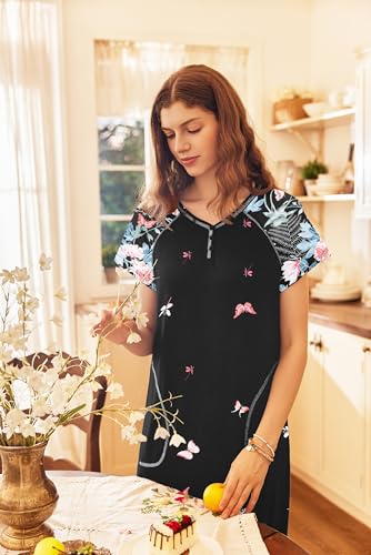 Image of Ekouaer Long Nightgown Women's Loungewear Short Sleeve Sleepwear Full Length Sleep Shirt with Pockets