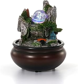 Dyna-Living Tabletop Water Fountain,Environmental Resin Meditation Fountain,Desktop Fountain,Indoor Waterfall Feature with Crystal Ball and Light for Home Office Decor Relaxation 6.3''X6.3''X7.9''