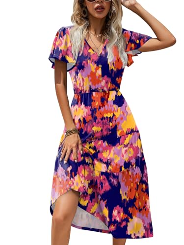 Image of Zeagoo Women Dresses Summer Flutter Sleeve Sleeve V-Neck Button Front Beach Sundress