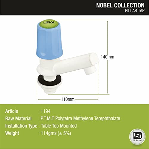 Image of LIPKA Pack of 2 Nobel Pillar Tap Faucet /Tap | PTMT Water Tap | White /Blue Color | Plastic | Polished