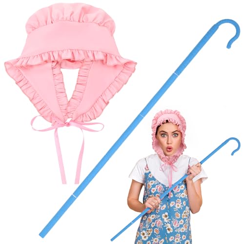 GGSTDDUP 2 Pcs Shepherdess Costume Pink Medieval Bonnet&Blue Staff for Women Children Carnival Halloween Cosplay Party