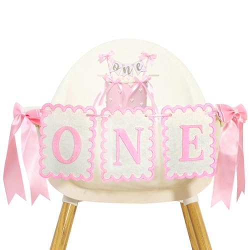 Image of Pink and White Bow ONE High Chair Banner and Cake Topper Sweet Pink Bow Highchair Garland One Happy Birthday Highchair Photo Prop