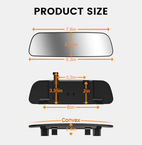 Image of Rear View Mirror, 9.3 Inch Chrome Anti-glare Panoramic Rear Mirrors Universal Convex Car Interior Clip on Extra Big Wide Angle Rearview Mirror Extender to Reduce Blind Spot for Car SUV Truck