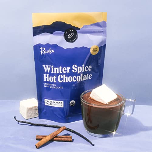 Raaka Chocolate Winter Spice Dairy Free Hot Chocolate Mix | Dark Hot Chocolate | Gourmet Hot Chocolate | Organic, Low Sugar, Gluten Free, Kosher, Vegan Hot Chocolate | 4 Oz. Bag #TOP4