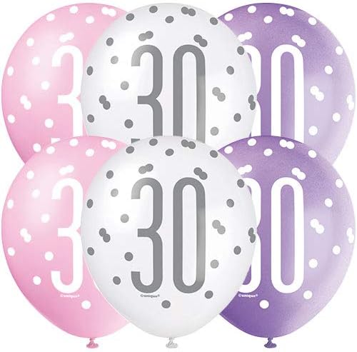 Vibrant 30th Glitz Petal Pink, Spring Lavender & White Latex Balloons (30cm) - Perfect for Birthday Party Decor & More - 6ct - Image 4