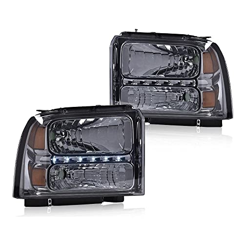 Image of GRAND ORANGE LED DRL Headlights Assembly, Compatible with 2005 2006 2007 Ford F250 F350 F450 F550 Super Duty bumper Headlamp, Amber Corner Headlight(Smoky lens Chrome Housing Amber Reflector)