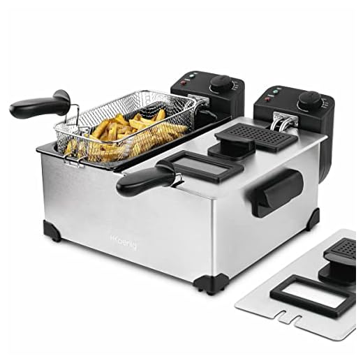 H.Koenig Friteuse van roestvrij staal met dubbele bak DFX600, 2 onafhankelijke thermostaten, elk 3 l, afneembare manden, vaatwasmachinebestendig, geurfilter, oververhittingsbeveiliging