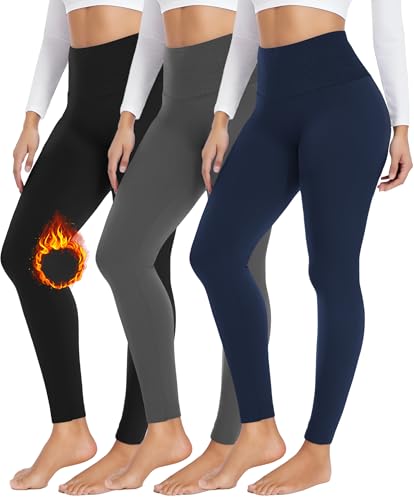 FULLSOFT 3 Pack Seamless Fleece Lined Leggings Women High Waisted Workout Winter Warm Thermal Yoga Pants(3 Pack Black Dark Grey Navy Blue XX-Large)