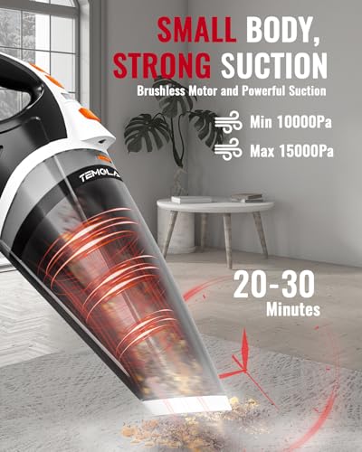 TEMOLA Handheld Vacuum Cleaner, Portable Car Vacuum Cleaner with Brushless Motor, 15000PA High Power Handheld Vacuum, 2-Speed Design Mini Vacuum with LED, Car Accessories for Car Home Cleaning - Image 2