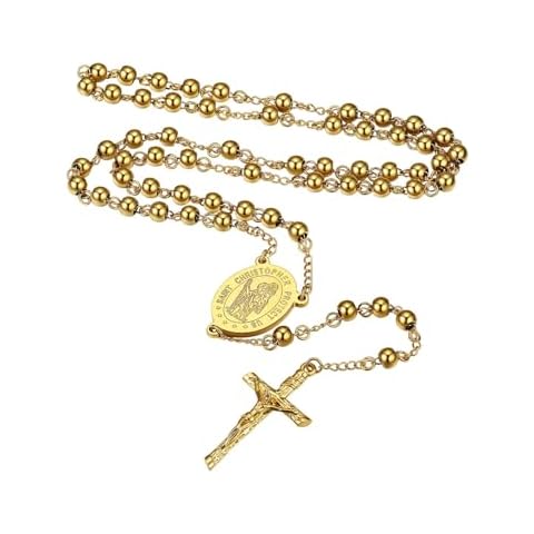 FaithHeart Gold Rosary Necklace for Men, Saint Christopher Pendant Neck Charms, Catholic Cross Crucifix Pendant Costume Jewelry for Father Cover