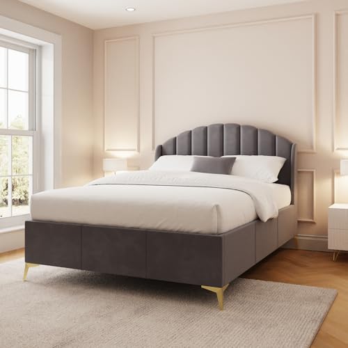 Image of GFW Pettine 4ft6 Double Grey Upholstered Ottoman Bed Frame, Velvet Fabric Storage Bed with Scalloped Winged Headboard and Gold Effect Legs