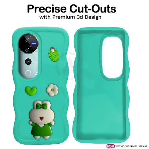 Image of AESTMO Back Case Cover for Vivo V40 / V40 Pro / T3 Ultra 5G | 3D Cute Fun Cartoon Characters | Anti Slip Grip Cute Wave Curly Frame Shape | Full Body Protection Back Cover (MintGreen)