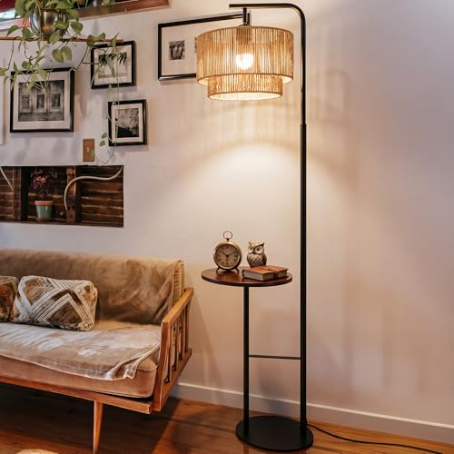 LuminexDesigns Stehlampe Wohnzimmer Rattan mit Ablage Vintage Stehleuchte E27 Standlampe Boho mit Verstellbar Lampenkopf 3 Farbtemperaturen per Fußschalter H170cm für Schlafzimmer WOVI FL12