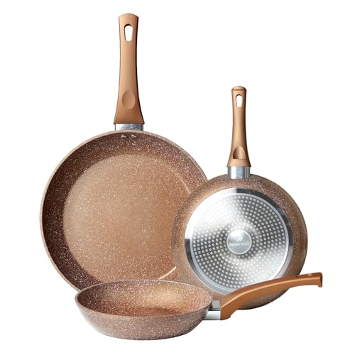 Innerwell - Set de poêles à frire antiadhésives 20/24/28 cm, poêle à induction, en aluminium doré avec revêtement en granit antiadhésif, sans PFOA