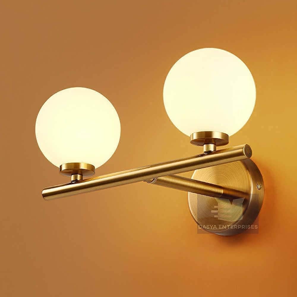 Golden Double Globe Wall Lamp | LED Sconce Light + Bulkhead | Indoor/Outdoor Metal Cage Lamp + Brass Wall Sconce | Golden Wall Lamp for Bedroom