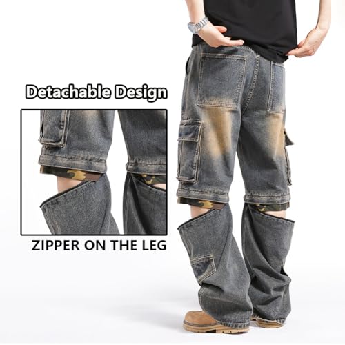 Men's Hip Pop Cargo Denim Pants Casual Straight Leg Loose Fit Detachable Jeans2