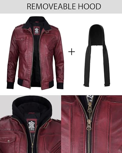Image of Decrum Mens Leather Jacket - Detachable Hood Stylish Real Lambskin Leather Bomber Jacket Men