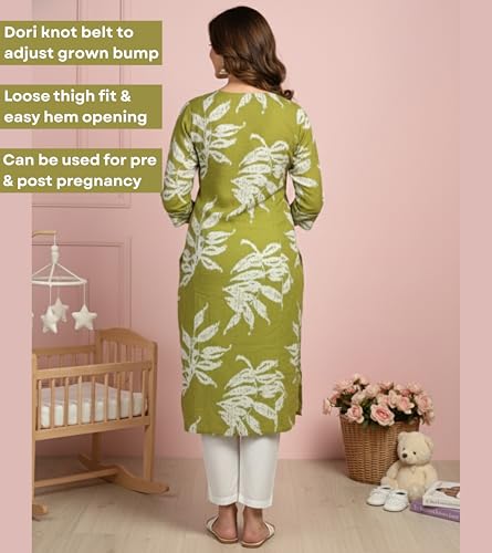 Image of DUMMY SHAPE Maternity Dresses for Women Cotton | Floral Kurta Pant Dupatta Set with Nursing Zippers, Side Pocket | Pre & Post Pregnancy | Feeding Kurti Suit | Baby Shower | Gifts for Pregnant Woman