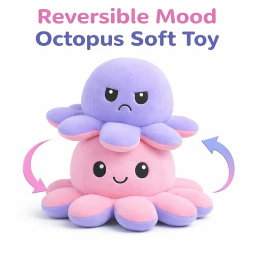 Image of Reversible Octopus Plush Toy 18 cm | Flip Mood Soft Toy | Double-Sided Happy & Angry Expression | Super Soft Stuffed Animal Plushie | Cute Kids Gift, Stress Relief Toy, Home Decor