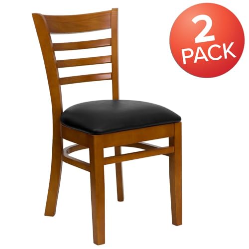 Image of Flash Furniture 2 Pack HERCULES Series Ladder Back Cherry Wood Restaurant Chair - Black Vinyl Seat