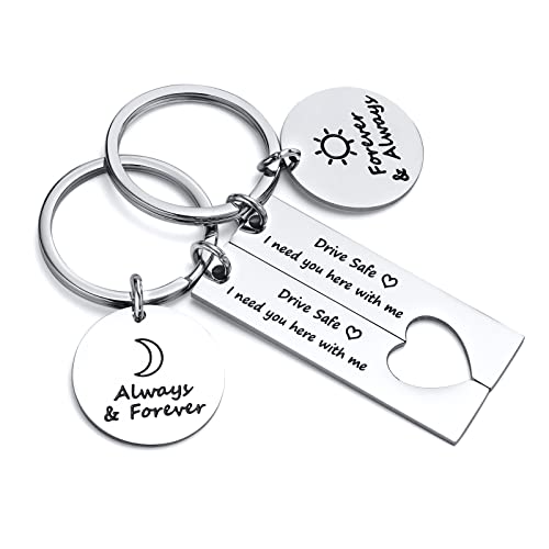 TempBeau Schlüsselanhänger Paar Edelstahl Silber Herz Schlüsselkette mit Anhänger 2 Stück Sicher Fahren Metall Schlüsselanhänger Geschenk für Herren Damen Cover
