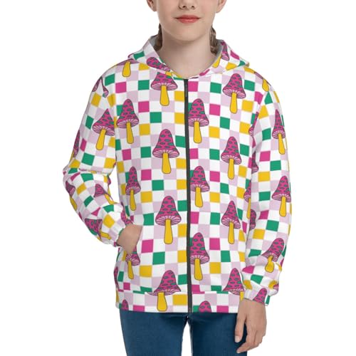 Cute Checkerboard Mushrooms Kids Pullover Hoodies Boys Zip Up Sweatshirts Girls Athletic Clothes with Pocket3