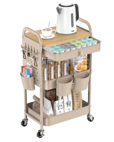 Image of ALVOROG 3 Tier Metal Rolling Cart with Drawer,Wood Top,Pegboards,Khaki