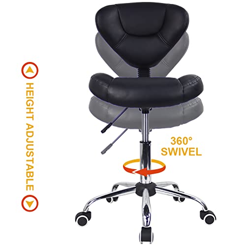 Wkwker Drafting Chair Rolling Stool Height Adjustable 360° Swivel Leather Cushion Rolling Chair With Backrest Heavy Duty Stool With Wheels For Office Kitchen Desk Home Computer Salon Shop Lab (Black) #TOP4
