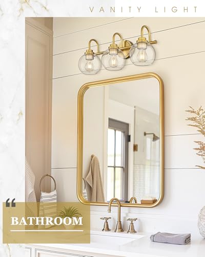 Image of Bathroom Light Fixtures, 3-Light Brushed Gold Vanity Lights with Globe Clear Glass, Champagne Bronze Vanity Lighting Fixtures Over Mirror, AD-22280-3W-GD