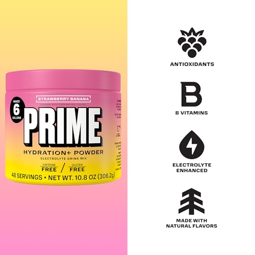 Image of PRIME HYDRATION+ Electrolyte Powder, Strawberry Banana, Sugar Free Hydration Drink Mix with Potassium, Magnesium & B Vitamins to Replenish Fluids, Caffeine Free, 6 Gallon Tub, 48 SRV