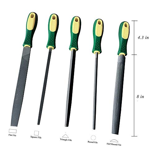Ycammin 8 Inch Premium Grade High Carbon Hardened Steel File Set, Comfortable Rubber Hand Grip Handles/Best For Shaping Wood/Metal & Sharpening Tools(5 Pcs) (Steel File, 8'' Steel File) #TOP5