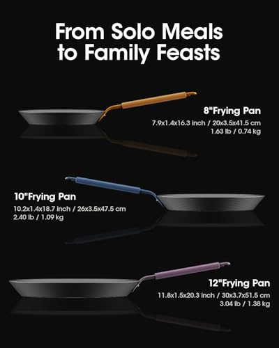 Image of Carbon Steel Frying Pan Set, 8 10 12 Inch Nitrided Skillets | Complete Size Range for Everyday Cooking; Preseasoned Surface Develops Natural Patina without Coatings