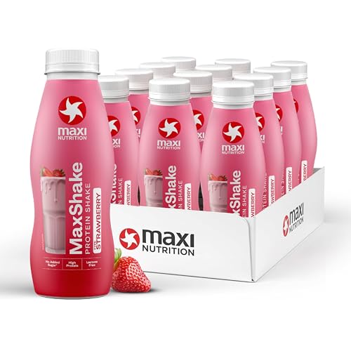 MaxiNutrition - MaxShake - Batido de Proteínas 25 g por Unidad - Pack 12 uds x 330 ml - Bajo en Grasa y Carbohidratos - Sin Lactosa ni Aromas Artificiales - Elaborado en Alemania (Sabor Fresa)