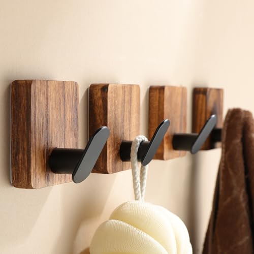 DELITON Towel Hooks for Bathrooms, 4 Pack Adhesive Wood Hooks
