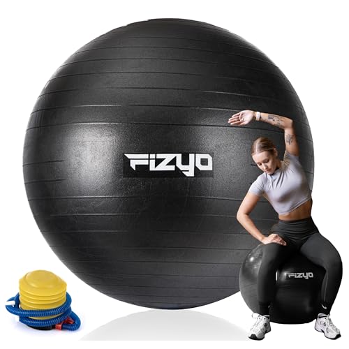 Fizyo Pelota de gimnasia de 65 cm con bomba - Bola gruesa para yoga, pilates, equilibrio, embarazo y fisioterapia, núcleo, entrenamiento, parto, hogar y oficina con protección contra desgarros (negro)