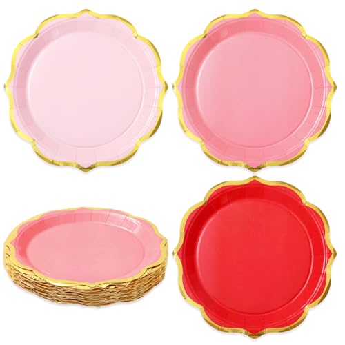 Whaline 30 Pcs Valentines' Day Paper Plates Disposable Plates Gold Foil Scalloped Red Pink 3 Color Dinner Plate for Wedding Anniversary Tableware Supplies Table Decor, 9 Inch