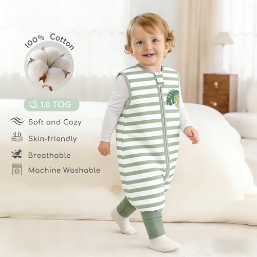 Image of Chilsuessy Toddler Sleep Sack with Feet 6-18 Months, 1.0 TOG Cotton Baby Wearable Blanket with Legs, Sleep Bag Walker with 2-Way Zipper, Monstera