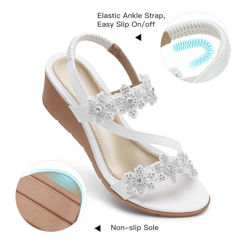 Image of SHIBEVER Wedge Sandals for Women Dressy: Summer Open Toe Low Platform Wedges Sandals Elastic Ankle Strap Flower Comfortable Casual Shoes