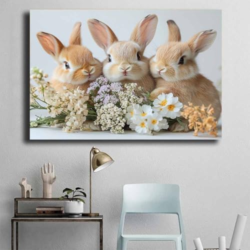 Tableau lapin peinture murale fleurie beige pour salon et décoration murale toile
