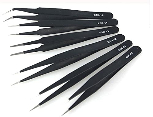6Pcs/Set Stainless Steel Tweezers Anti-static Electronic Components Tweezers Corrosion Resistant Maintenance Repair Tools Industrial tweezers(ESD-13)