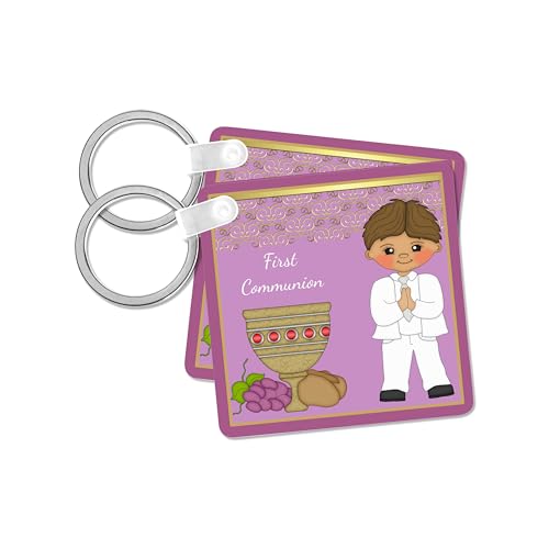 3dRose, First Communion Boy With Bread and Wine Purple, set of 2 Key Chains