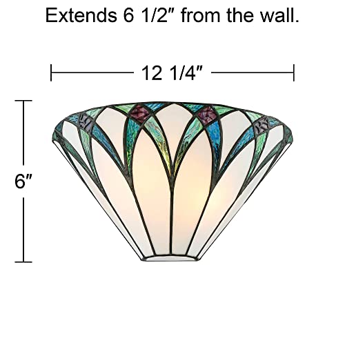 Image of Regency Hill Filton Vintage Tiffany Style Wall Light Sconces Set of 2 Bronze Metal Hardwired 12 1 /4 inch Fixture Blue White Art Glass for Bedroom Bathroom Vanity Living Room Home Hallway Dining