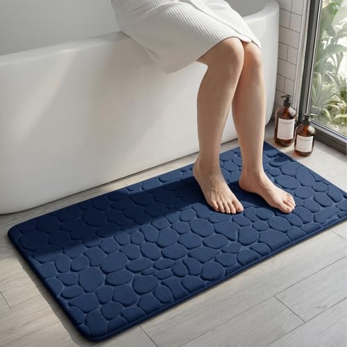 YIHOUSE Memory Foam Runner Rug, Cobblestone Bathroom Runner Rugs Super Water Absorbent Bath Mats for Bathroom Machine Washable Bath Rugs for Hallway Bedroom Laundry Room(24 x 47,Dark Blue)