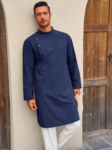Runcati Mens Kaftan Thobe Robe Long Sleeve Cotton Henley Shirt Casual Muslim Gown Salwar Kurta3