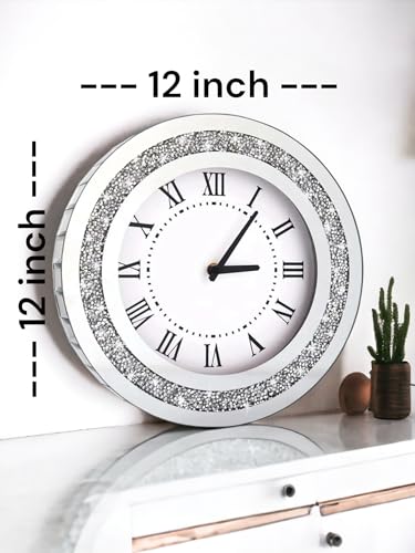 Generic RIV001 Lucky-Silver Round Mirror,12Inch Crystal Sparkle Twinkle Bling Crush Diamond Mirrored Wall Clock thumb #2