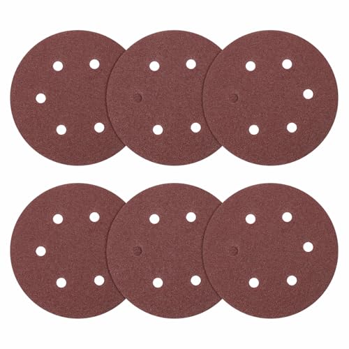 Image of DTGN 152mm 60 Grit 6 Holes Hook and Loop Sanding Disc - 10 Pcs - Good for Wood Metal Stone Walls- Aluminum Oxide Abrasive Hook and Loop Sandpaper Orbital Sander Pads, Red